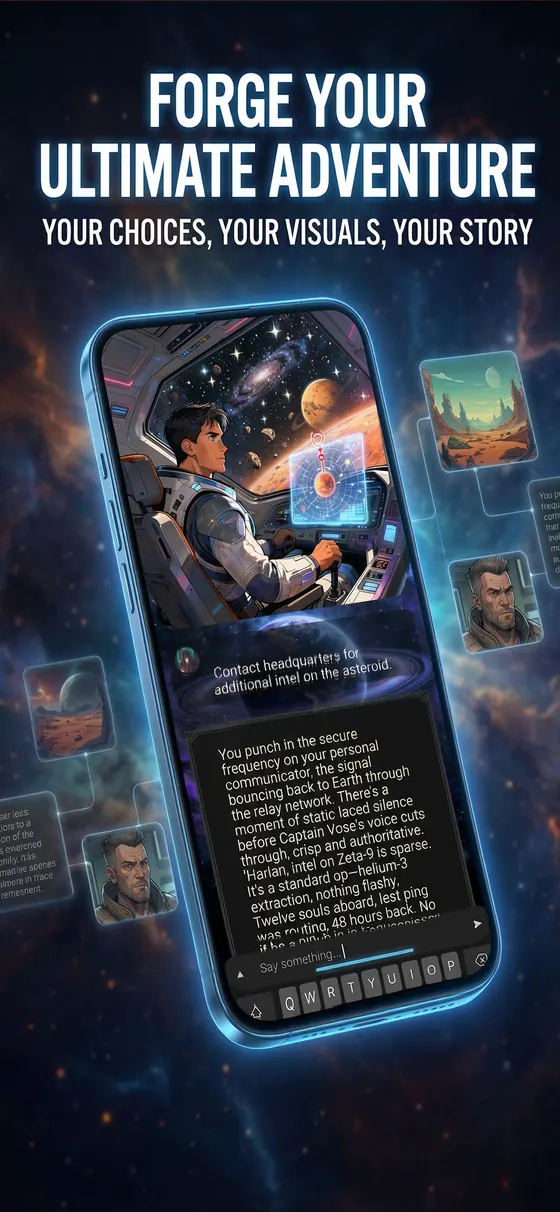 A sci-fi adventure: a pilot in a starship cockpit while the AI narrates a mission briefing