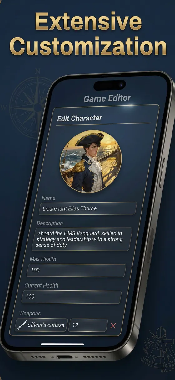 The character editor, with a portrait, health and weapon stats