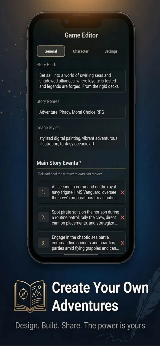 The game editor, with a story blurb, genres, image style and main story events
