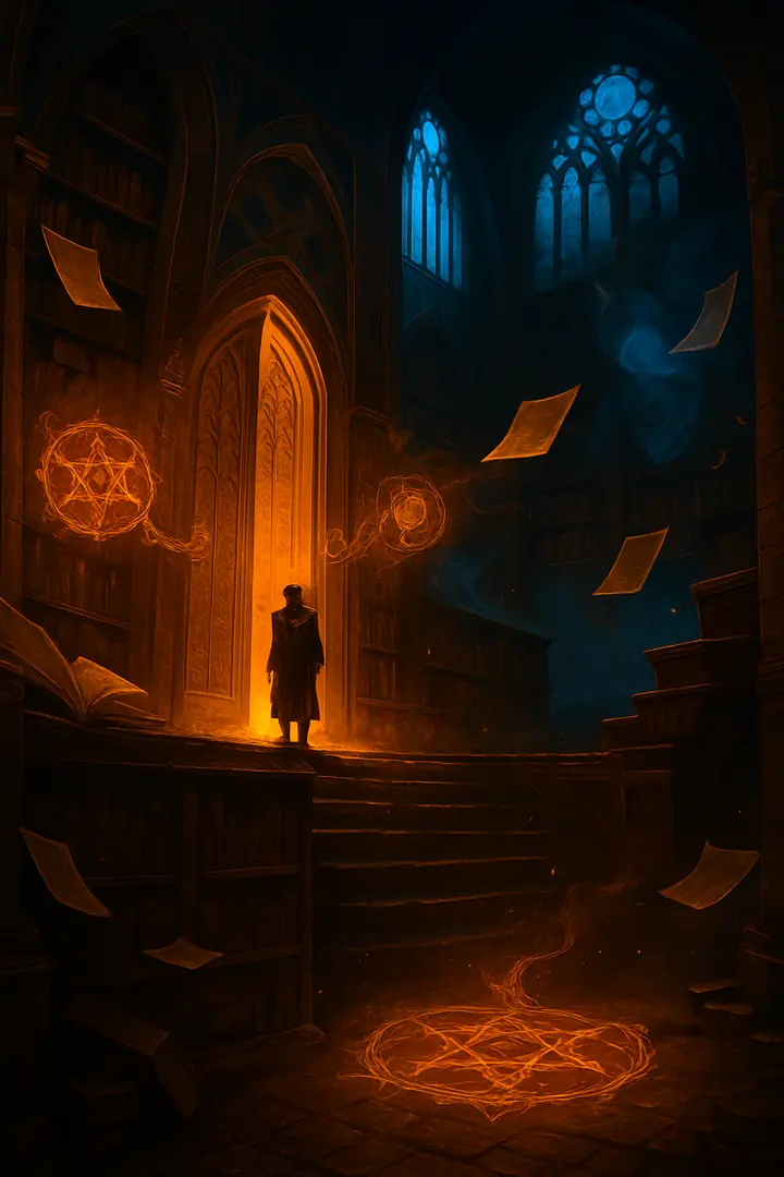 A candlelit gothic library where glowing sigils burn on the floor